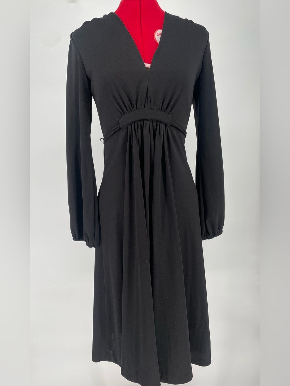 70s Black Long Sleeve Classic Tie Waist Mid Length Dress Gathered Waist Detail
